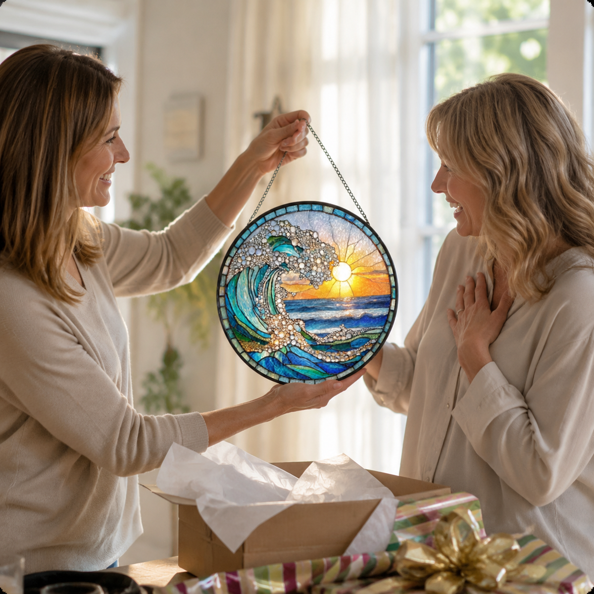 🌊 Ocean Wave Sunrise Round Glass Suncatcher