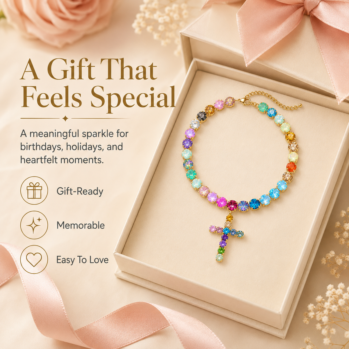 Colorful Crystal Cross Necklace – Sparkling Adjustable Statement Jewelry