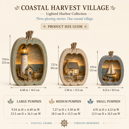 ✨🎃 Lighted Coastal Harvest Village – 3-Piece Seaside Pumpkin Décor Set