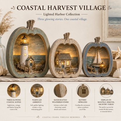 ✨🎃 Lighted Coastal Harvest Village – 3-Piece Seaside Pumpkin Décor Set
