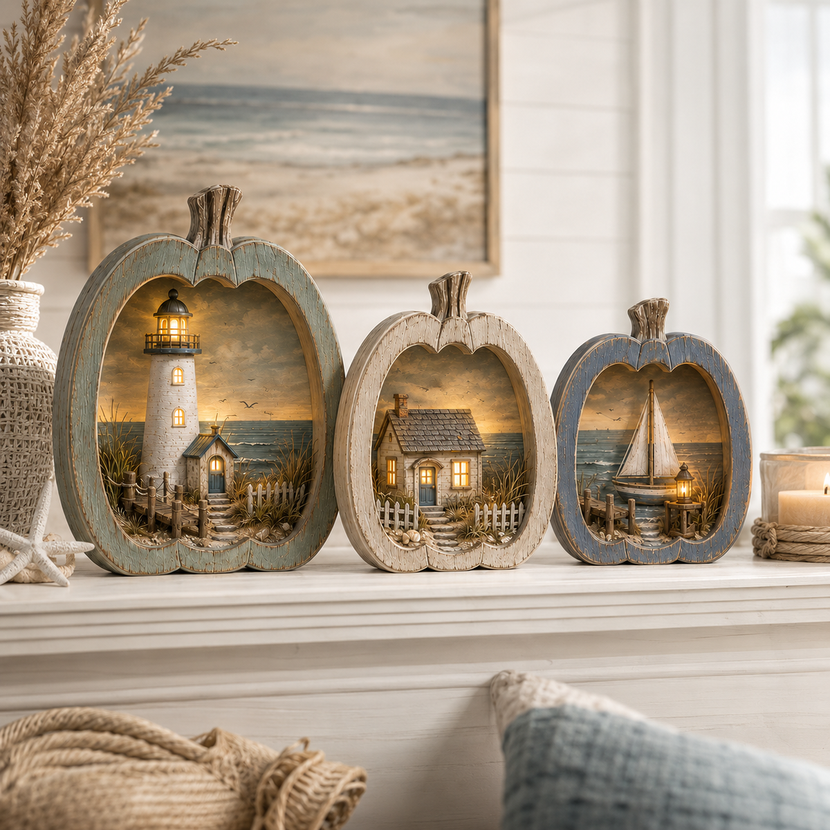 ✨🎃 Lighted Coastal Harvest Village – 3-Piece Seaside Pumpkin Décor Set