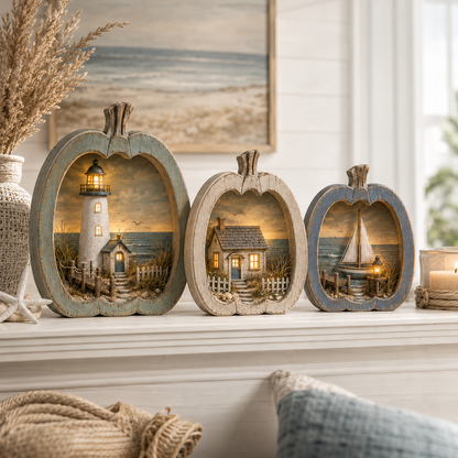✨🎃 Lighted Coastal Harvest Village – 3-Piece Seaside Pumpkin Décor Set