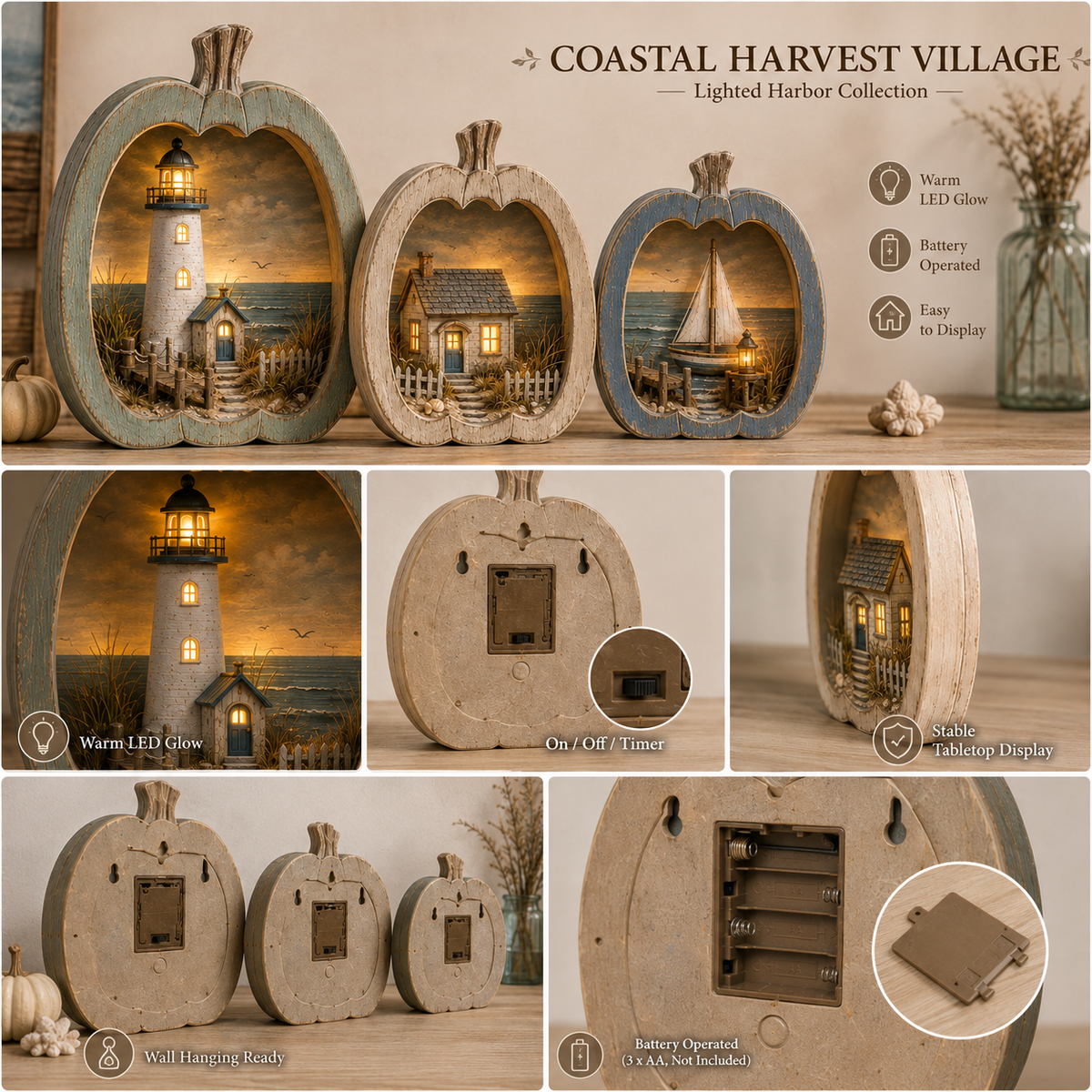 ✨🎃 Lighted Coastal Harvest Village – 3-Piece Seaside Pumpkin Décor Set