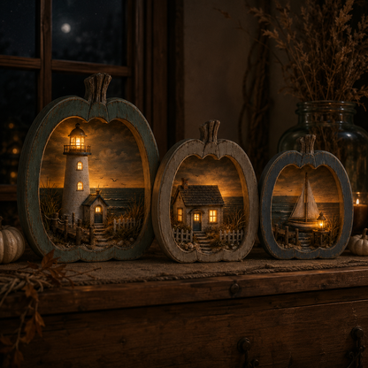 ✨🎃 Lighted Coastal Harvest Village – 3-Piece Seaside Pumpkin Décor Set