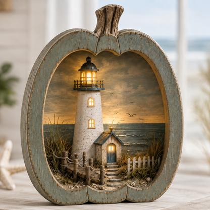 ✨🎃 Lighted Coastal Harvest Village – 3-Piece Seaside Pumpkin Décor Set