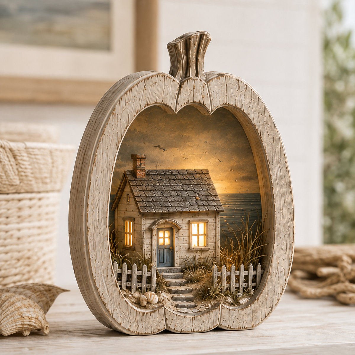 ✨🎃 Lighted Coastal Harvest Village – 3-Piece Seaside Pumpkin Décor Set