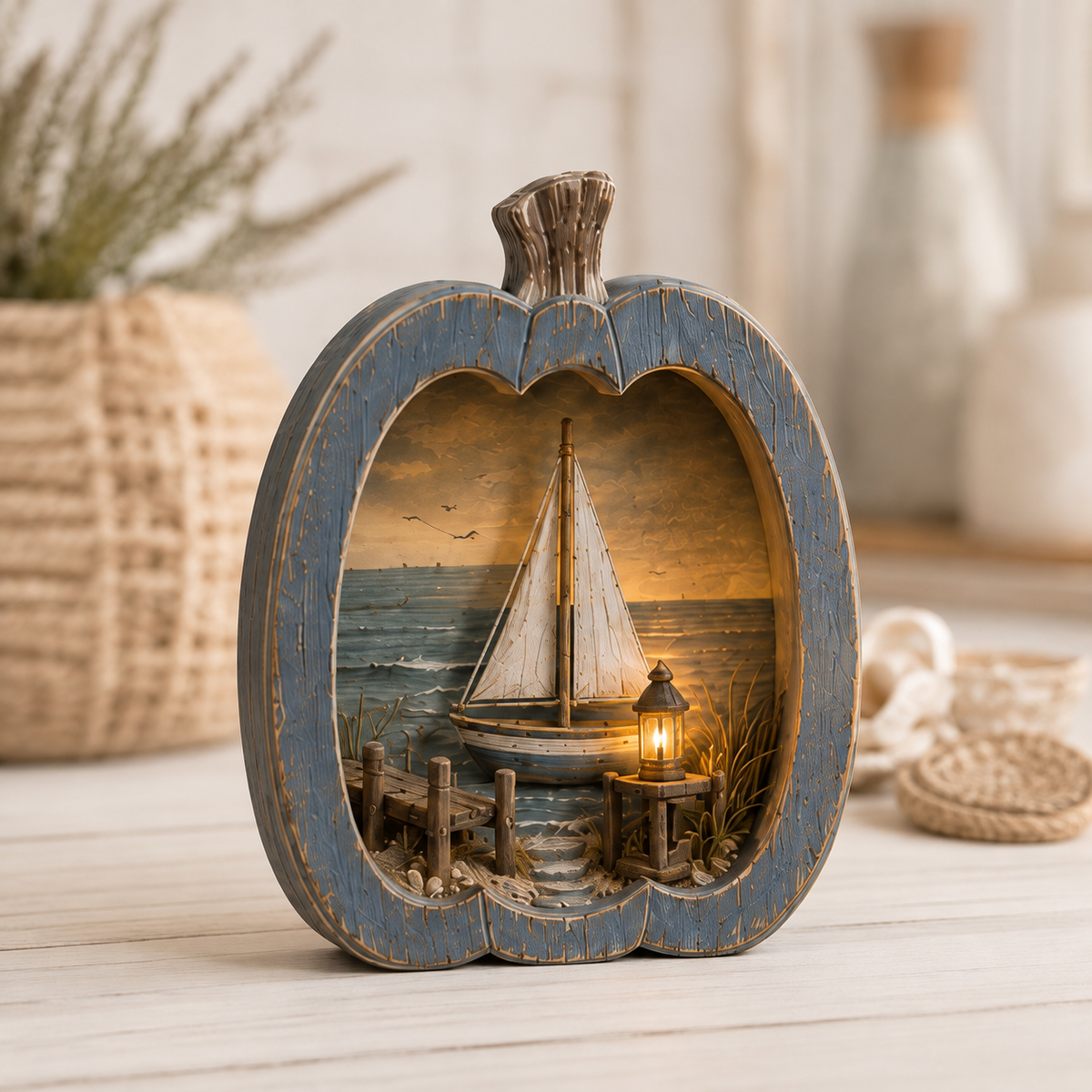 ✨🎃 Lighted Coastal Harvest Village – 3-Piece Seaside Pumpkin Décor Set