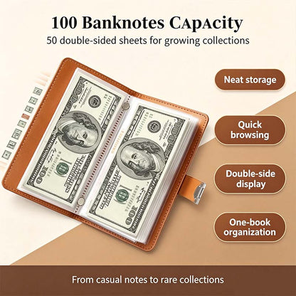 100-Transparent-Pocket Currency Collectors Album, Top-Grade PU Leather, Password Lock💵