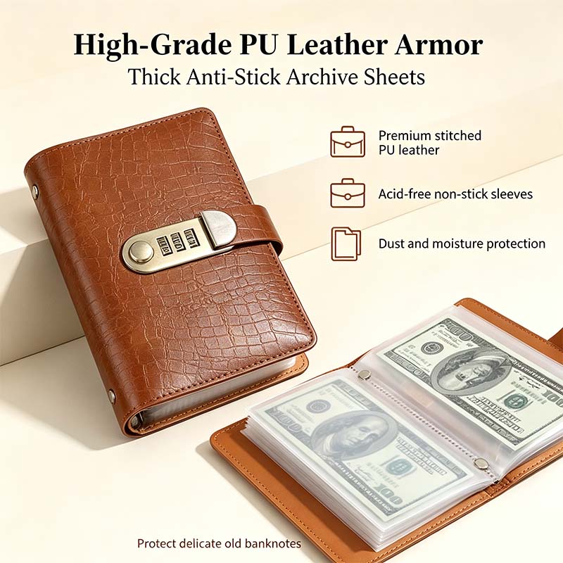 100-Transparent-Pocket Currency Collectors Album, Top-Grade PU Leather, Password Lock💵