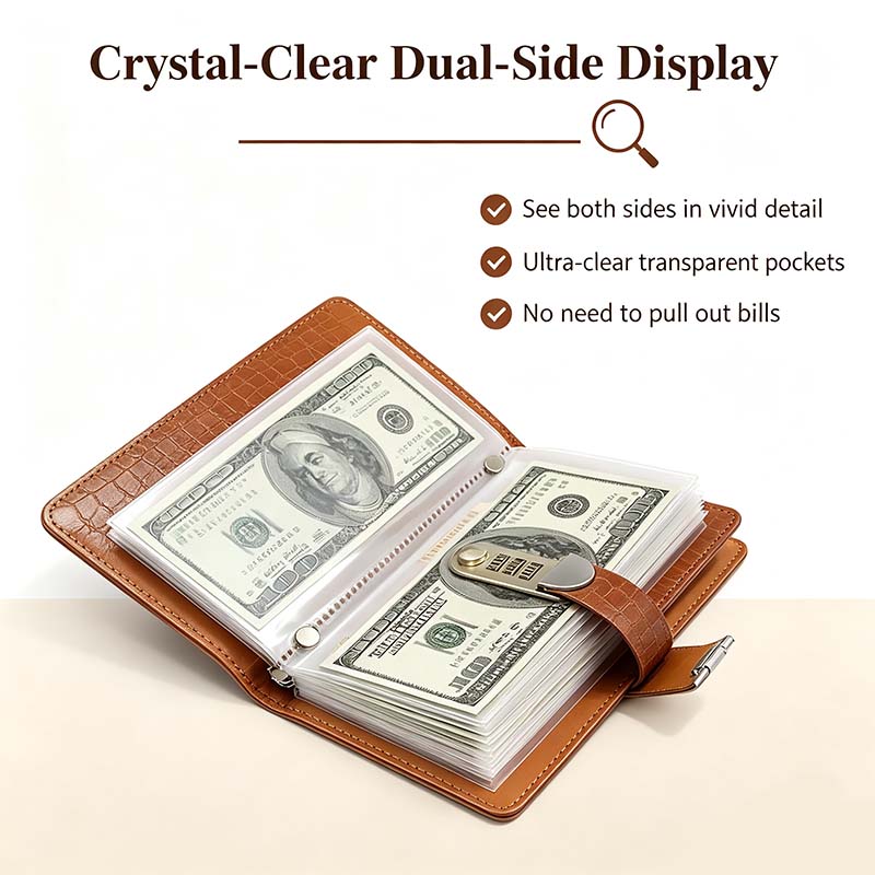 100-Transparent-Pocket Currency Collectors Album, Top-Grade PU Leather, Password Lock💵
