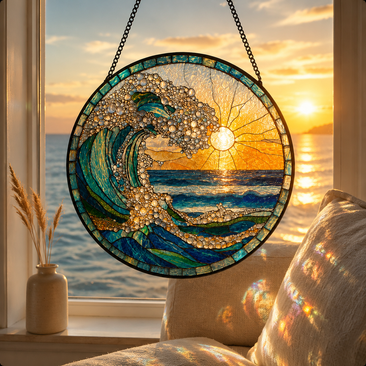 🌊 Ocean Wave Sunrise Round Glass Suncatcher