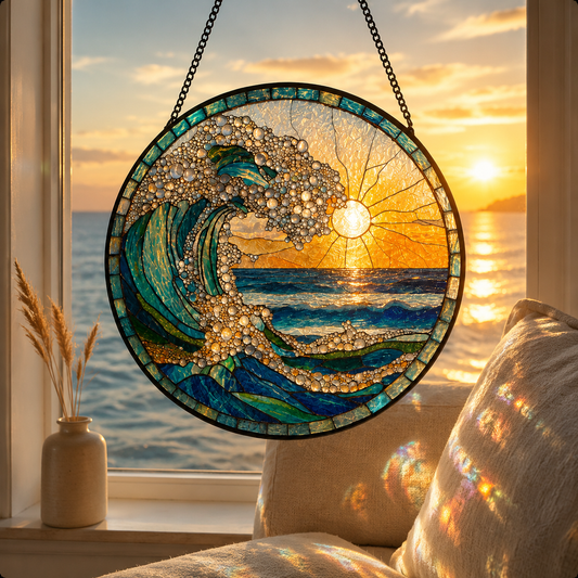 🌊 Ocean Wave Sunrise Round Glass Suncatcher