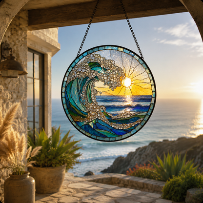 🌊 Ocean Wave Sunrise Round Glass Suncatcher