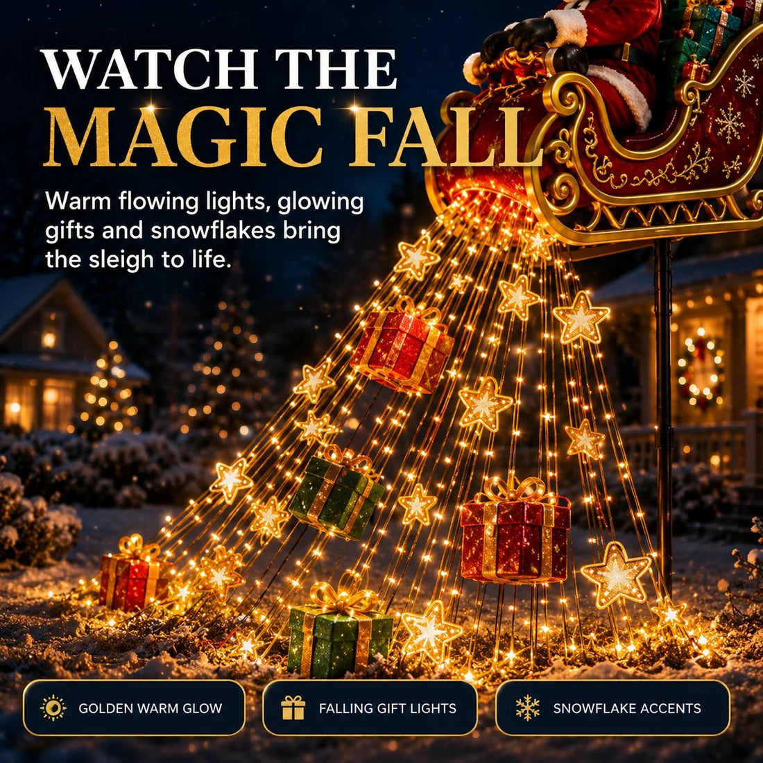 Santa sleigh with cascading warm golden gift, star and snowflake lights in a Christmas garden