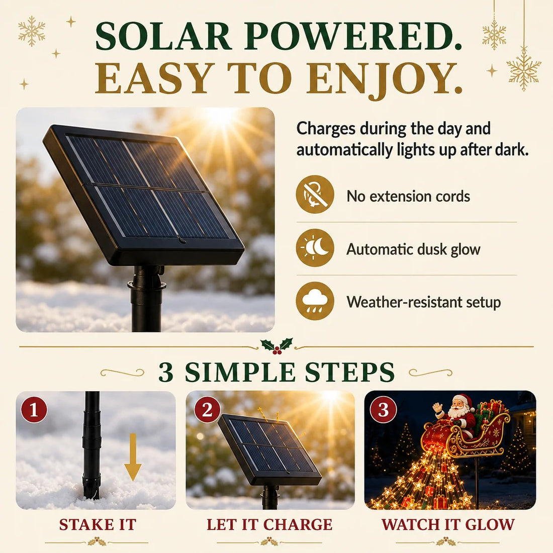 Solar panel and three-step setup guide for the Santa sleigh garden light