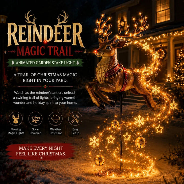 Reindeer Light surrounded by a swirling golden trail of stars and snowflakes