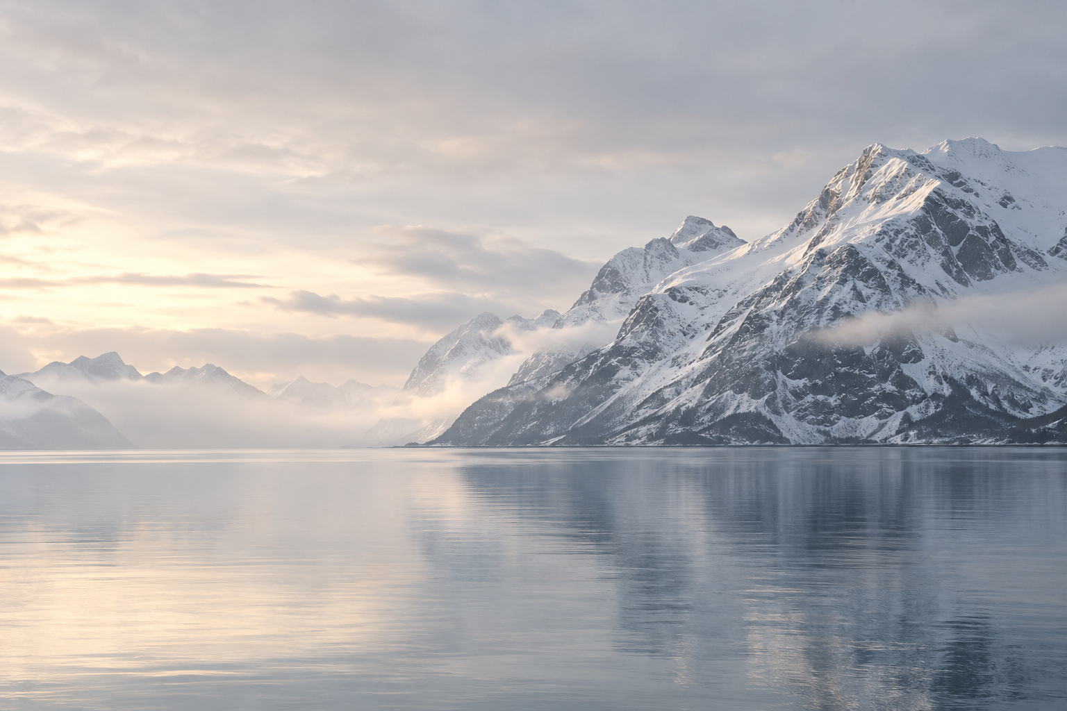 Snow-covered mountains above a quiet Nordic fjord